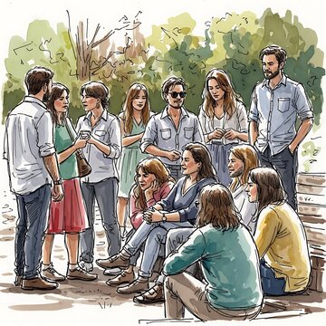 Group of diverse friends gathering together outdoors in a sketch illustration.