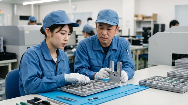 製造業の工場で金属部品の組み立てOJT研修を行う男女の作業員