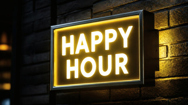 happy hour neon sign on brick wall inviting bar advertising bold sans serif lettering glowing light box in metallic frame dramatic contrast for nightlife restaurant or pub 150 characters