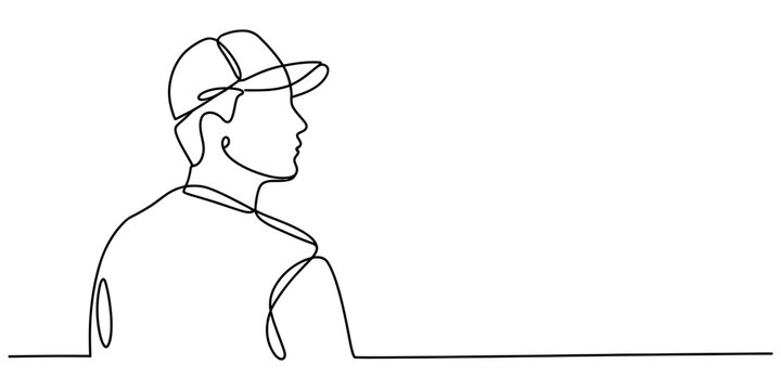Continuous single line drawing of a young man wearing a baseball cap looking away in a minimalist profile style for modern creative graphic design projects Vector, illustration