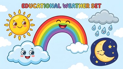 Fototapeta premium Happy Sun Rainbow Cloud and Moon Characters