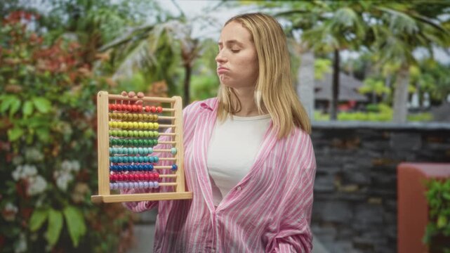 Blonde woman holding wooden abacus and pouting, gesturing with one hand in a building courtyard next to tropical plants; frustration learning.