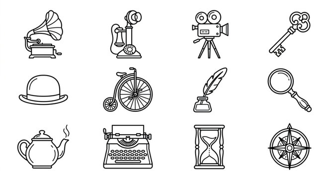Vintage Objects Collection Line Art Icons.