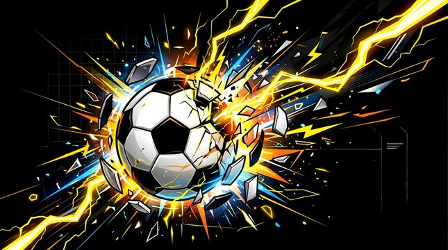 Exploding soccer ball with colorful energy bursts and lightning on black background