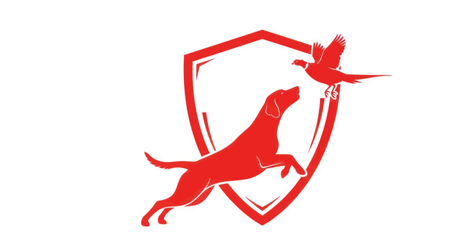 Hunting Dog and Pheasant in Shield Emblem - Red Silhouette