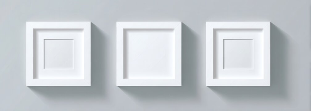 set of three white blank picture frames on a light gray background with shadows. realistic vector illustration, 3d rendering. mockup template for artwork design and decoration with a copy space area