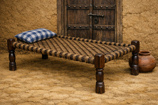 "Professional wide landscape cultural shot of a traditional hand-woven jute charpai cot with a clay pot in front of a rustic wooden door, folklore mockup."