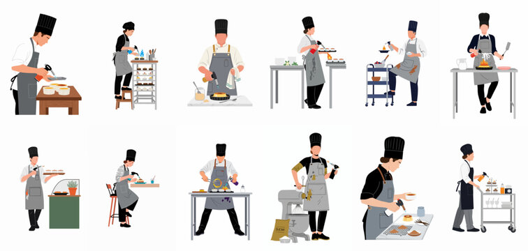 Collection of diverse male and female professional pastry chefs using blowtorches to caramelize desserts in a commercial kitchen setting.