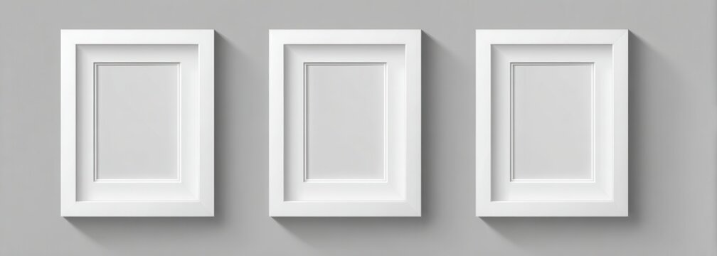 set of three white blank picture frames on a light gray background with shadows. realistic vector illustration, 3d rendering. mockup template for artwork design and decoration with a copy space area
