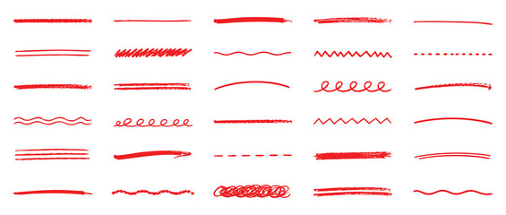 A collection of various hand-drawn red lines, underlines, brush strokes, scribbles, and decorative dividers isolated on a white background. © Zbrake Studio