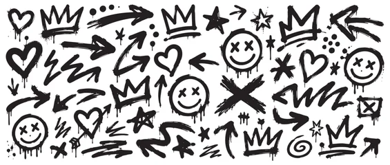 Fotobehang Graffiti Collection of hand drawn graffiti elements, spray paint style icons including crowns, hearts, arrows, smiley faces, stars, and abstract shapes.  © Zbrake Studio