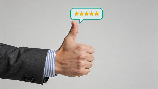 Man hand giving thumbs up gesture with speech bubble containing five gold stars, symbolizing excellent recommendation top rated approval and high quality endorsement for products