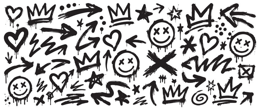 Collection of hand drawn graffiti elements, spray paint style icons including crowns, hearts, arrows, smiley faces, stars, and abstract shapes.