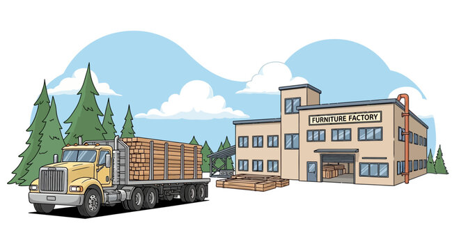 Furniture factory with lumber truck and wood delivery