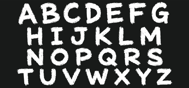 Handwritten brush stroke alphabet, rough textured uppercase letters set, white chalk style font on black background