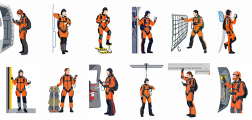 Flat vector illustration set of female skydivers in orange jumpsuits preparing for a jump inside an aircraft. © Siji