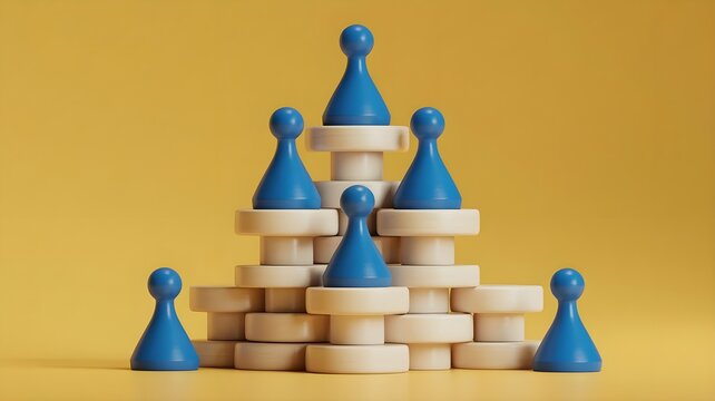 A stack of wooden coins with blue game pieces on top, symbolizing financial growth and strategy
