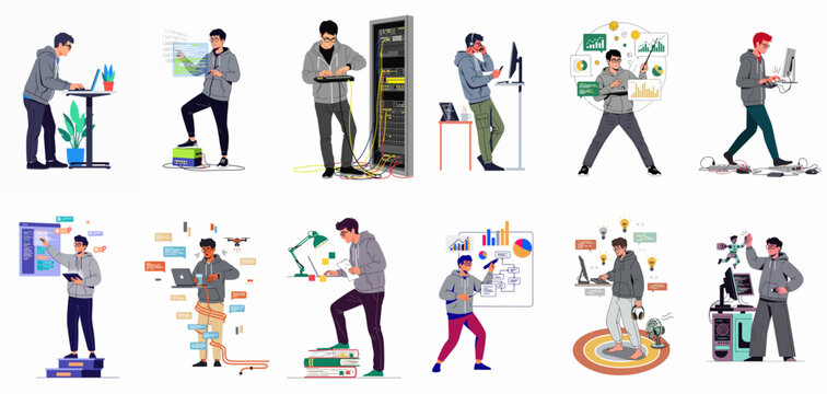 A collection of twelve flat illustrations showing a male software developer and IT professional working in various tech-related scenarios and environments.