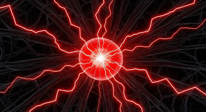 Red Plasma Ball with Electrical Discharges and Dark Background.