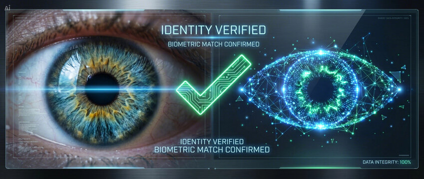 Biometric iris scan and digital identity verification interface with futuristic hud elements