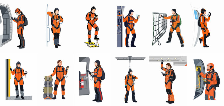 Flat vector illustration set of female skydivers in orange jumpsuits preparing for a jump inside an aircraft.