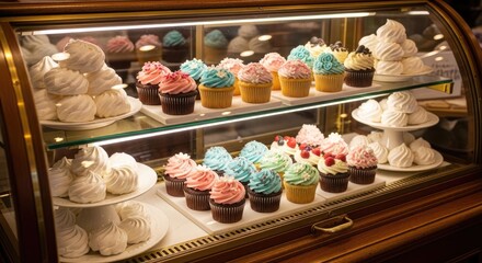 Fototapeta premium A beautifully decorated bakery case filled with an assortment of colorful cupcakes, cookies, and other sweet treats, with a variety of cakes and pastries displayed on shelves and in glass cases.
