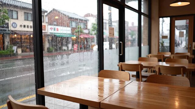 Cozy cafe interior overlooking a rain-drenched street, empty wooden tables and chairs await patrons seeking shelter from the downpour.