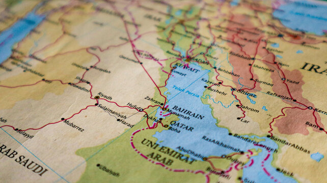 Map of the Persian Gulf, an extension of the Gulf of Oman between the Arabian Peninsula and Iran.