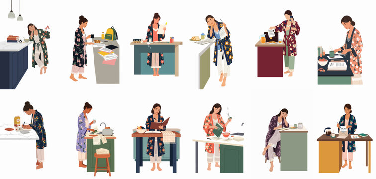 Collection of illustrations depicting a tired woman multitasking and working from home in various domestic settings while wearing pajamas and floral robes.