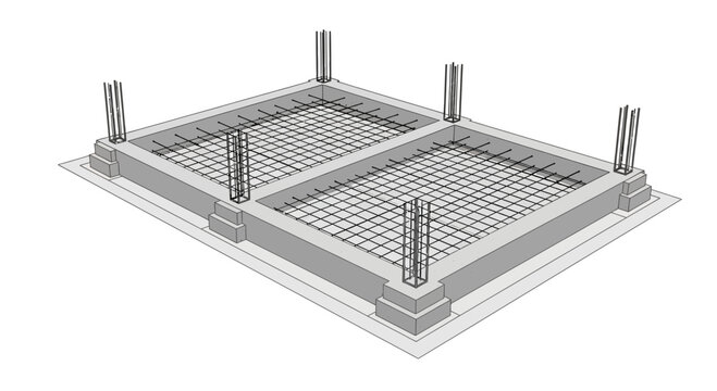 3D rendering of a concrete foundation with rebar reinforcement and columns