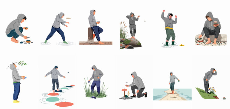 Set of flat illustrations featuring a young man in a hoodie engaging in various outdoor activities like skipping stones, balancing, and exploring nature.