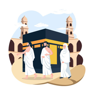 Muslims performing tawaf, which means circumambulating the Kaaba, is an Islamic pilgrimage, walking around the Kaaba. Vector illustration.