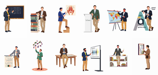 Collection of male linguistics professors and lecturers teaching various aspects of language science including phonetics, syntax, and etymology in a flat illustration style. © Siji