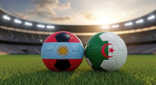 Soccer balls with flags of argentina and algeria on a stadium field