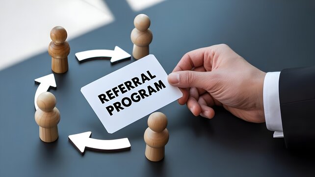 A hand in a business suit holding a referral program card surrounded by wooden figures and arrows on a table