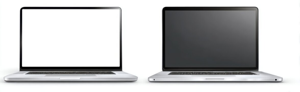two vector illustrations of a laptop with a blank screen mockup on a white background, in the front view and side view. vector illustration on an isolated transparent or clear background. mock up