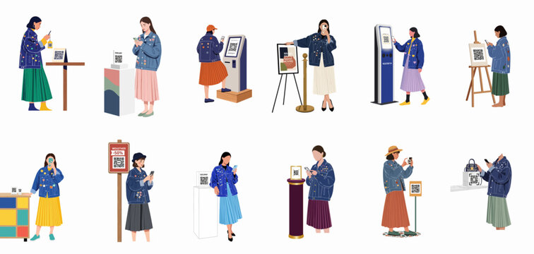 Set of diverse people scanning QR codes with smartphones for shopping, information, and digital interaction in various public spaces, isolated on white background.
