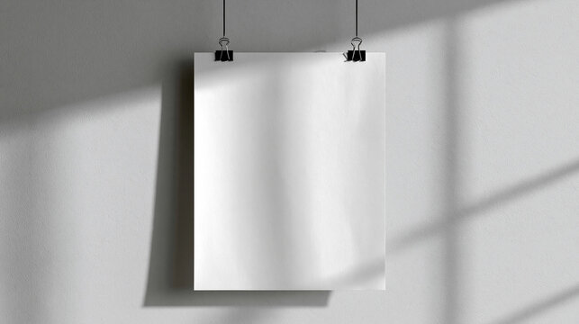 A blank white poster hanging on a wall with black binder clips and natural light