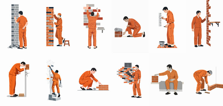 Set of illustrations depicting prisoners in orange jumpsuits building, repairing, and interacting with brick walls in a prison labor setting.