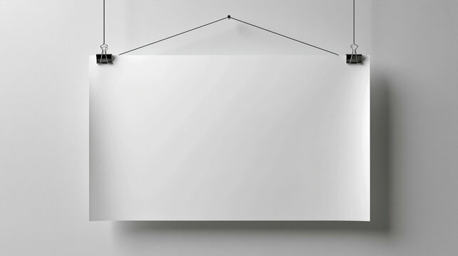 A blank white poster hanging from a gray wall with black clips and strings