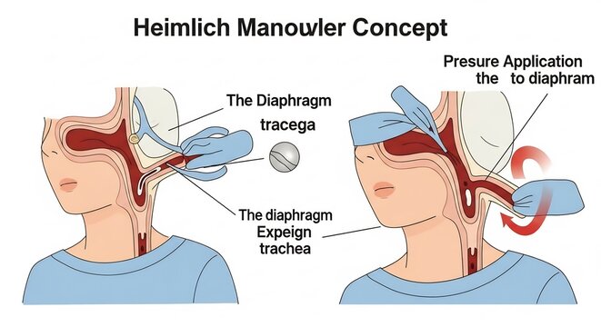 Diagram illustrating the Heimlich Maneuver concept and its effect on the diaphragm and trachea.