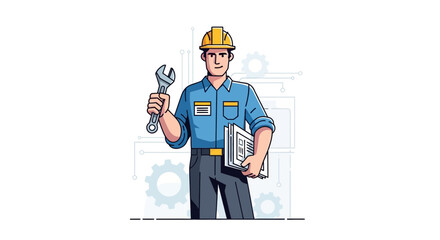 Fototapeta premium Mechanic holding wrench and documents in industrial setting