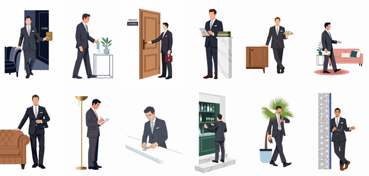 Set of professional illustrations featuring an elegant man in a pinstripe suit across various luxury hospitality and business environments