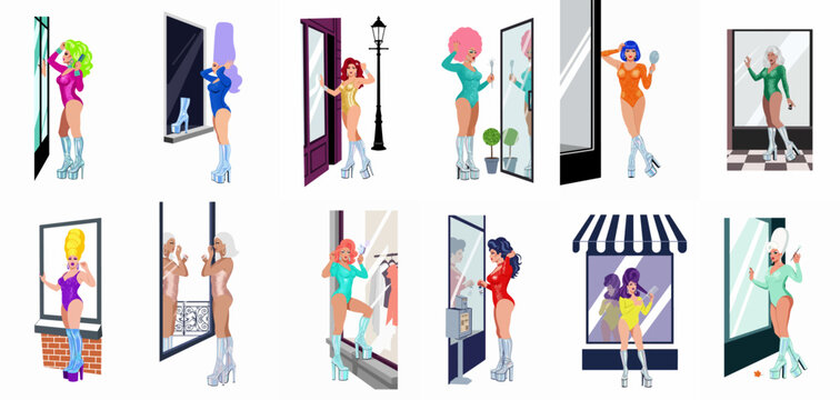 Collection of twelve vector illustrations of drag queens in colorful outfits and wigs posing in various urban settings like shop windows and mirrors.