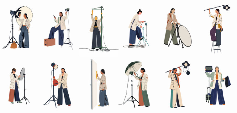 Flat illustration set of female professional photographers and assistants working with lighting equipment in a studio environment.
