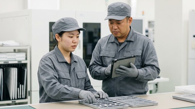 製造業の工場で部品の検品作業を教わる若手女性とタブレットで指導する男性のOJT研修