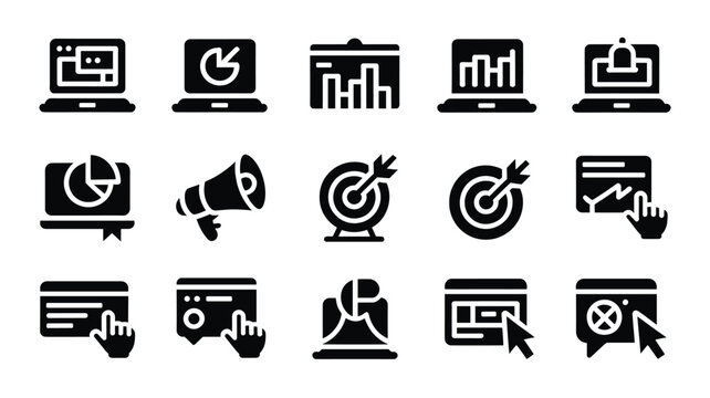 Set of 15 Black SEO Marketing Glyph Icons Vector