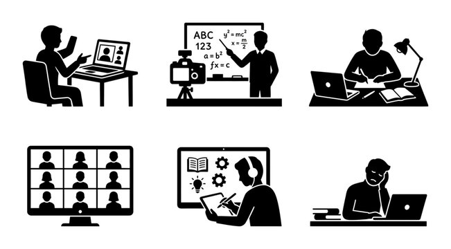Online Education Icons Set, Remote Learning Symbols, Digital Classroom Graphics, E-learning Vector Illustrations