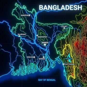 Digital glowing neon line map of bangladesh showing major cities and important water bodies.