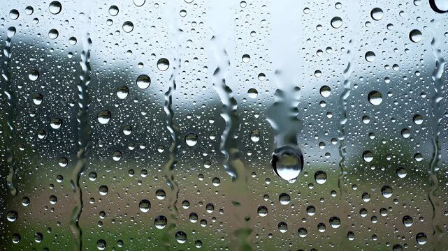Close-up view of rain droplets on a glass window, blurring the natural landscape outside, creating a moody and atmospheric scene of a rainy day.